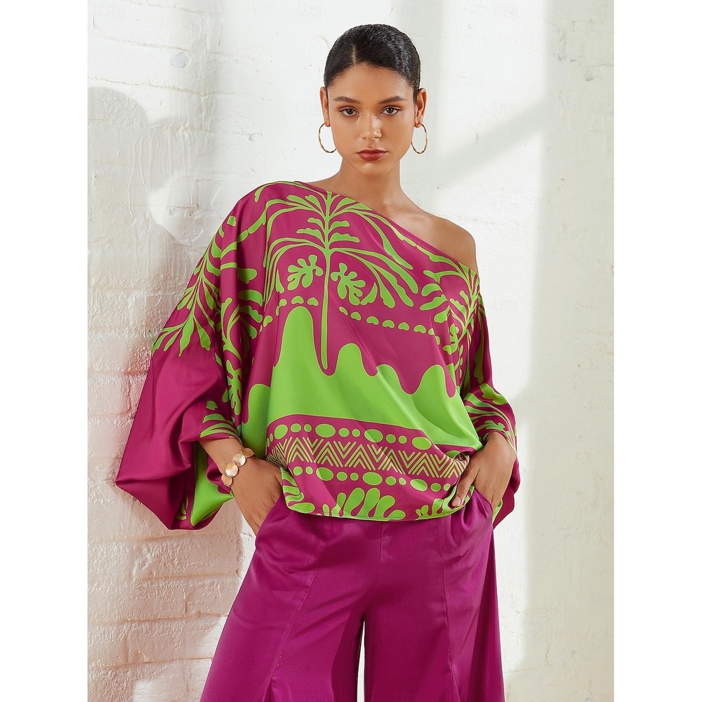 Ador Satin Geometrical Floral Puff Sleeve‎ Shirt Magenta Lime Green Large NWT